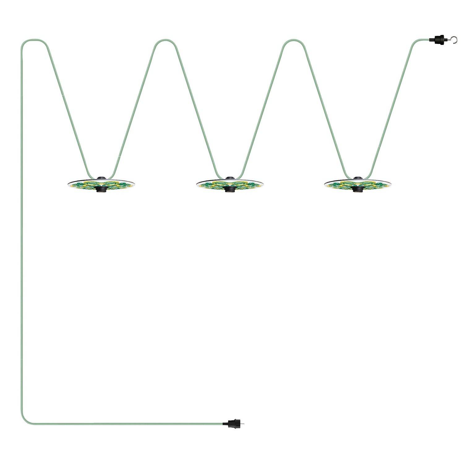 Svetelná reťaz "Maioliche" systému Lumet, textilný kábel dĺžka od 10 m, 3x objímky a tienidlá, háčik a čierna zástrčka