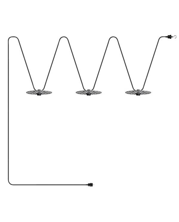 Maioliche' String Light Lumet System fra 10 m med stofkabel, 3 lampeholdere og lampeskærme, krog og sort stik