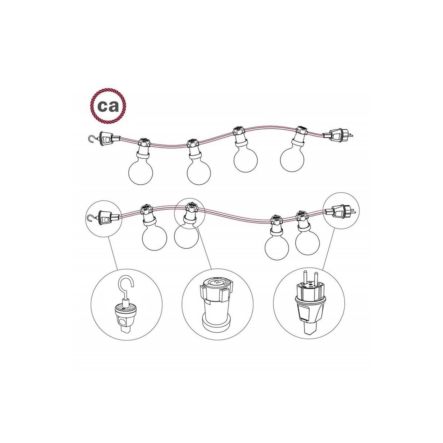 Elektrický kabel pro světelné řetězy, potažený tkaninou Rayon ZigZag bílo-tyrkysová CZ11 - UV odolný