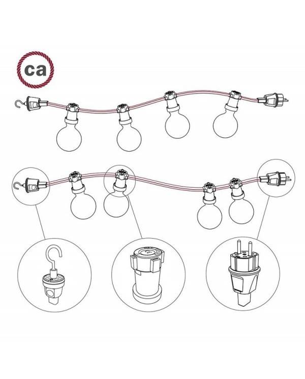 Elektrický kábel pre sveteľné reťaze, potiahnutý tkaninou Rayon ZigZag bielo-tyrkysová CZ11 - UV odolný