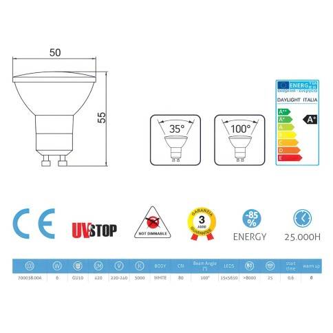 Lampadina LED dicroica GU10 6W chip OSRAM 100° 600Lm