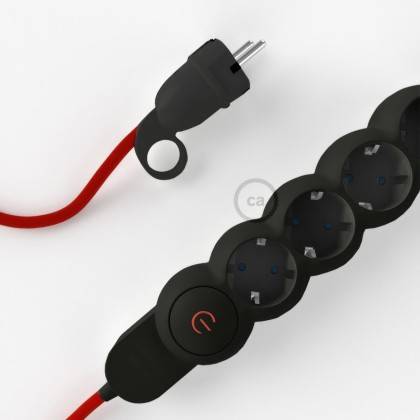 German power strip with electrical cable covered by rayon Red RM09 and Schuko plug with confort ring