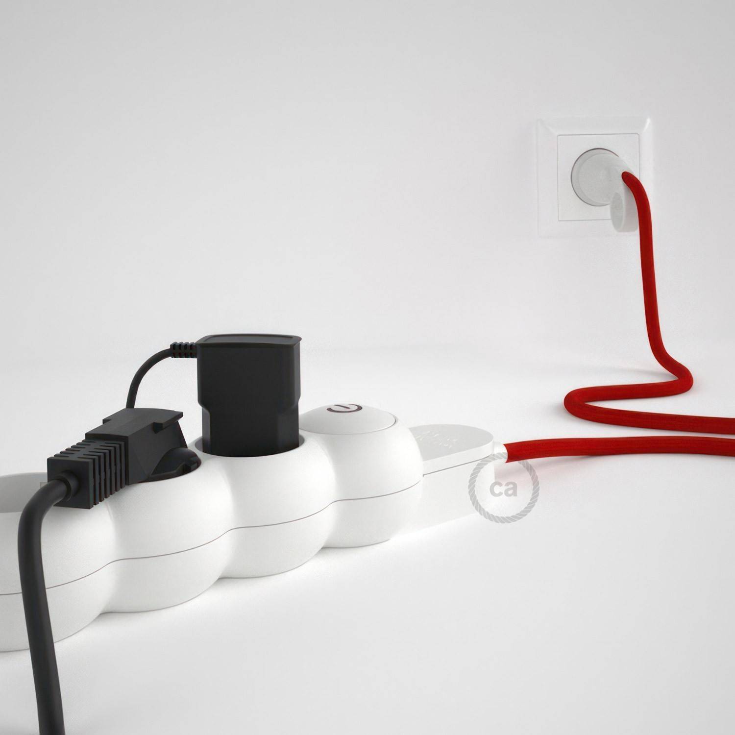 German power strip with electrical cable covered by rayon Red RM09 and Schuko plug with confort ring