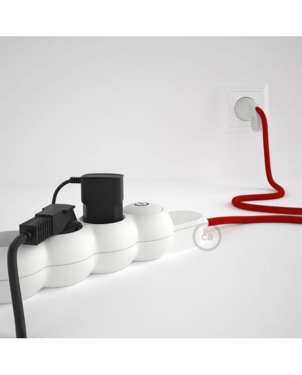 German power strip with electrical cable covered by rayon Red RM09 and Schuko plug with confort ring