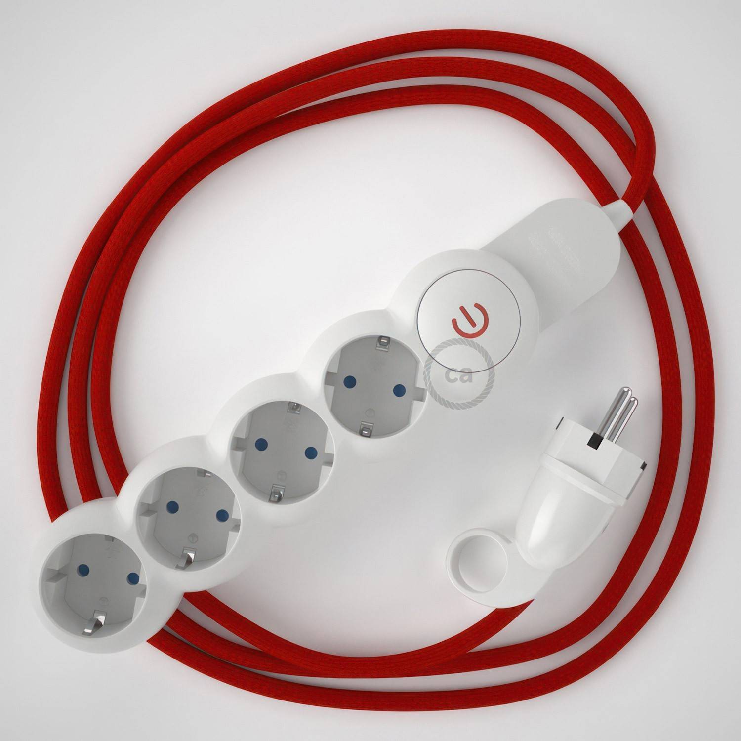 German power strip with electrical cable covered by rayon Red RM09 and Schuko plug with confort ring