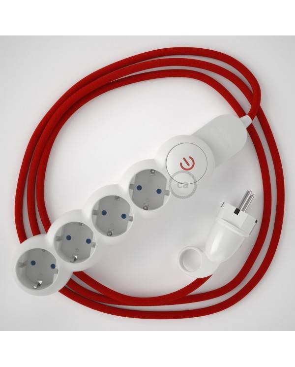 German power strip with electrical cable covered by rayon Red RM09 and Schuko plug with confort ring