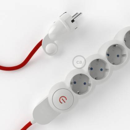 German power strip with electrical cable covered by rayon Red RM09 and Schuko plug with confort ring