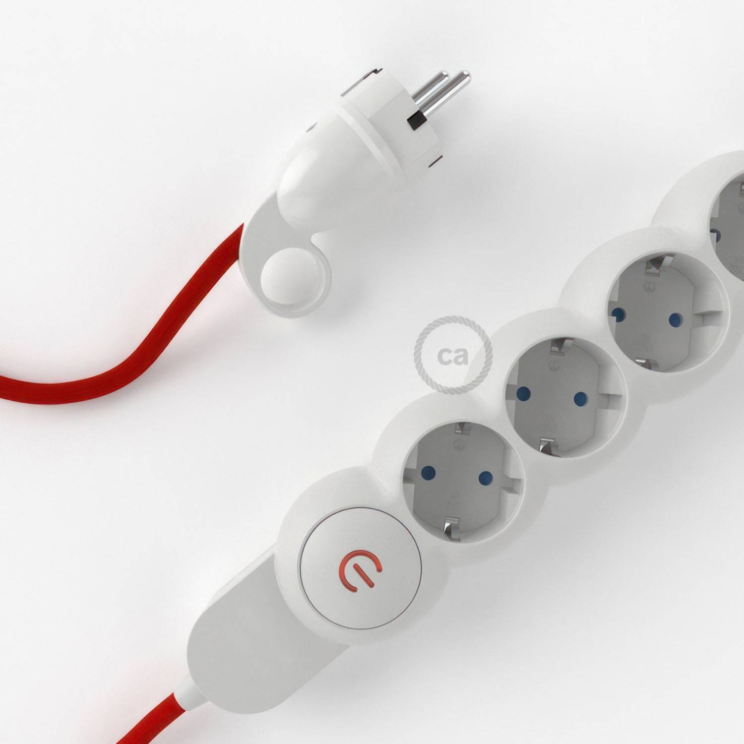 German power strip with electrical cable covered by rayon Red RM09 and Schuko plug with confort ring