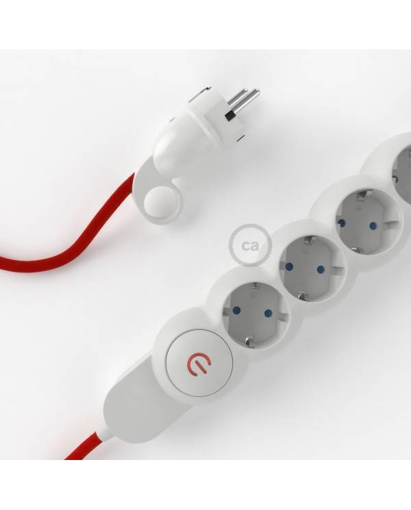 German power strip with electrical cable covered by rayon Red RM09 and Schuko plug with confort ring