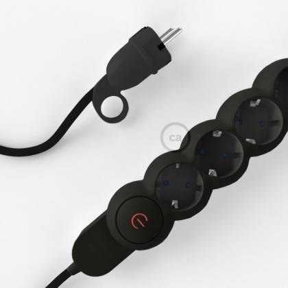 German power strip with electrical cable covered by rayon Black RM04 and Schuko plug with confort ring