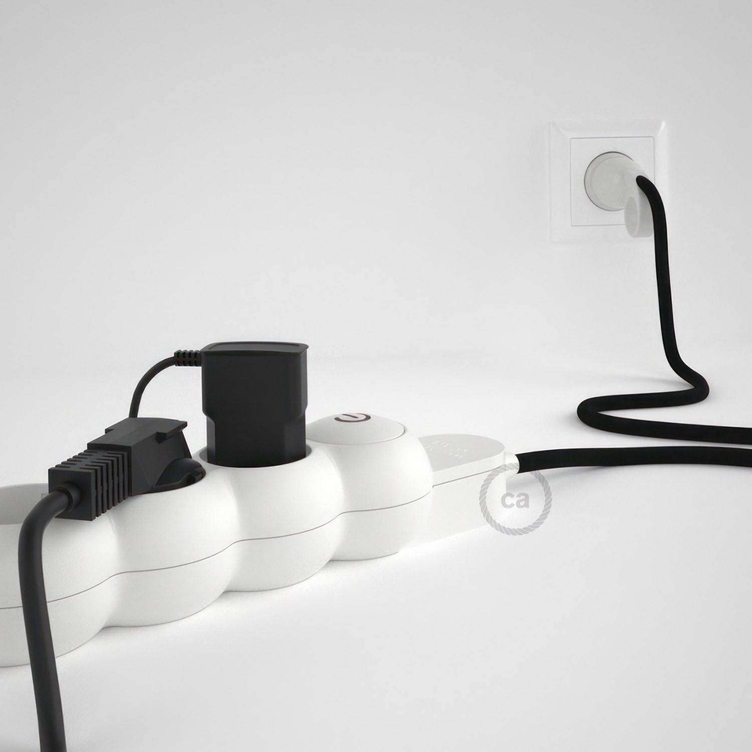 German power strip with electrical cable covered by rayon Black RM04 and Schuko plug with confort ring