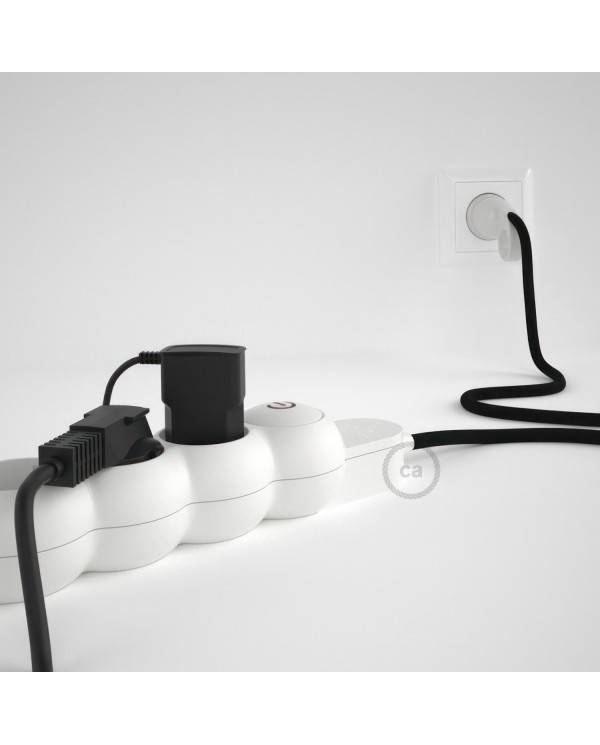 German power strip with electrical cable covered by rayon Black RM04 and Schuko plug with confort ring