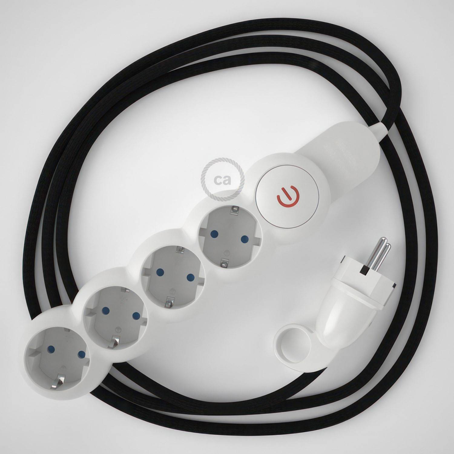 German power strip with electrical cable covered by rayon Black RM04 and Schuko plug with confort ring