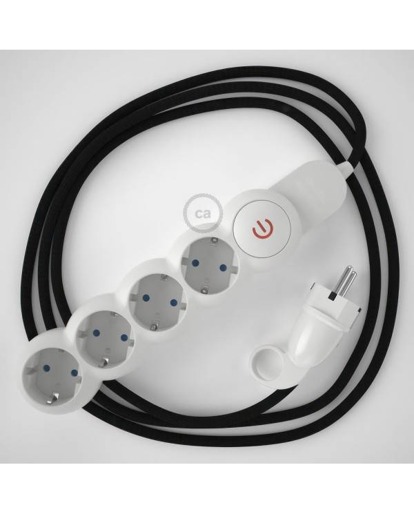 German power strip with electrical cable covered by rayon Black RM04 and Schuko plug with confort ring