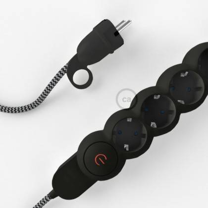 German power strip with electrical cable covered by rayon ZigZag Black RZ04 and Schuko plug with confort ring