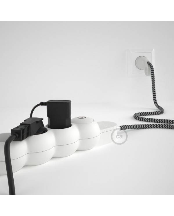 German power strip with electrical cable covered by rayon ZigZag Black RZ04 and Schuko plug with confort ring