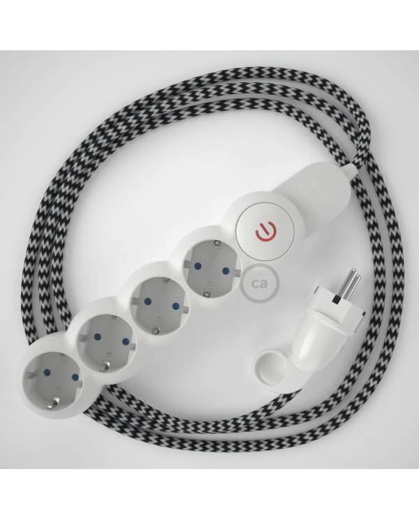 German power strip with electrical cable covered by rayon ZigZag Black RZ04 and Schuko plug with confort ring