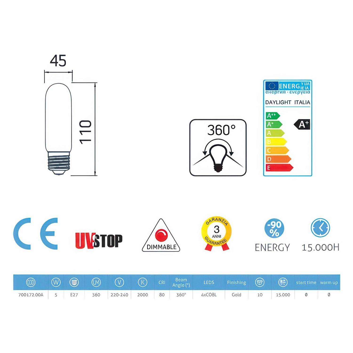 Bombilla LED Dorada Valvula T45 5W 360Lm E27 2000K Regulable