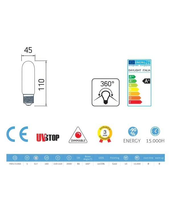 Bombilla LED Dorada Valvula T45 5W 360Lm E27 2000K Regulable