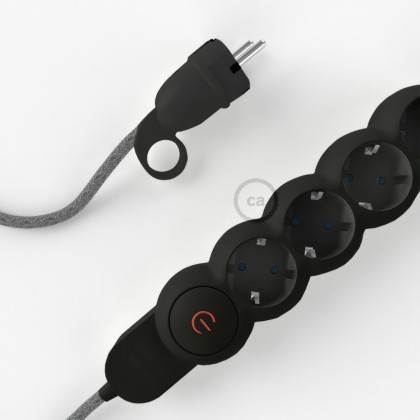 Power Strip with electrical cable covered in Grey Natural Linen fabric RN02 and Schuko plug with confort ring