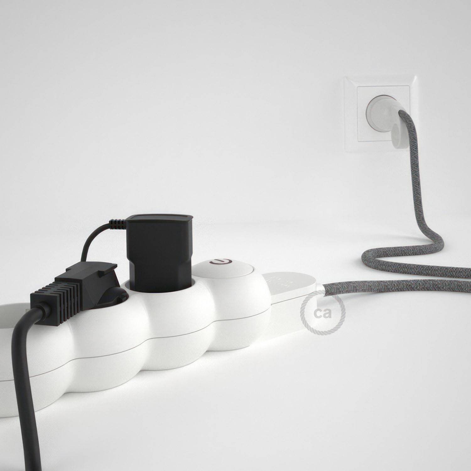 Power Strip with electrical cable covered in Grey Natural Linen fabric RN02 and Schuko plug with confort ring