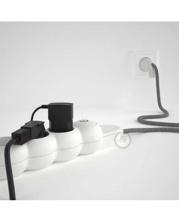 Power Strip with electrical cable covered in Grey Natural Linen fabric RN02 and Schuko plug with confort ring