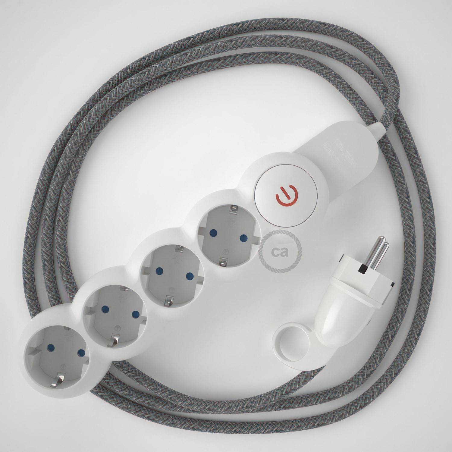 Power Strip with electrical cable covered in Grey Natural Linen fabric RN02 and Schuko plug with confort ring