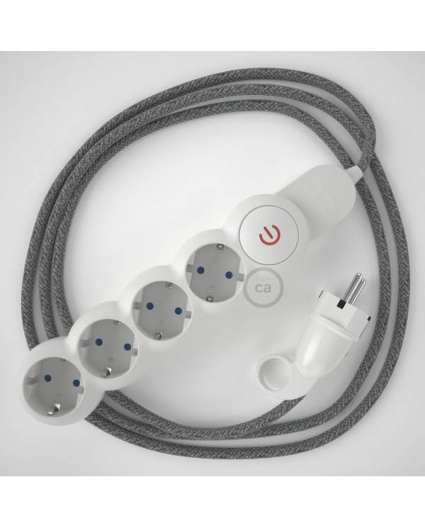 Power Strip with electrical cable covered in Grey Natural Linen fabric RN02 and Schuko plug with confort ring