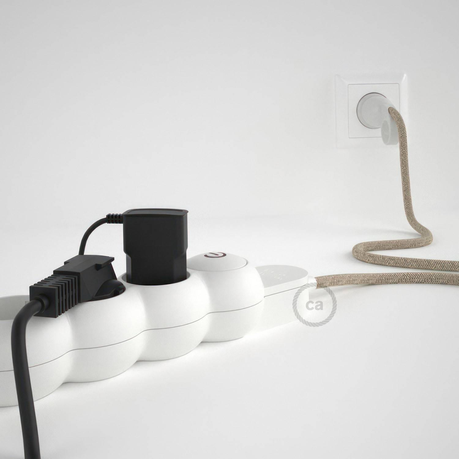 Power Strip with electrical cable covered in Neutral Natural Linen fabric RN01 and Schuko plug with confort ring