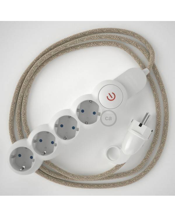 Power Strip with electrical cable covered in Neutral Natural Linen fabric RN01 and Schuko plug with confort ring