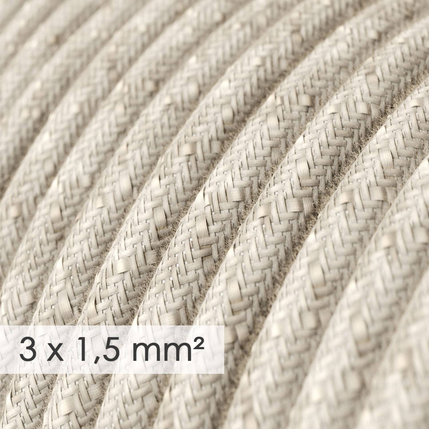 Fir cu benzi de alimentare cu cablu electric acoperit cu material textil din in natural neutru RN01 și mufă Schuko cu inel de co