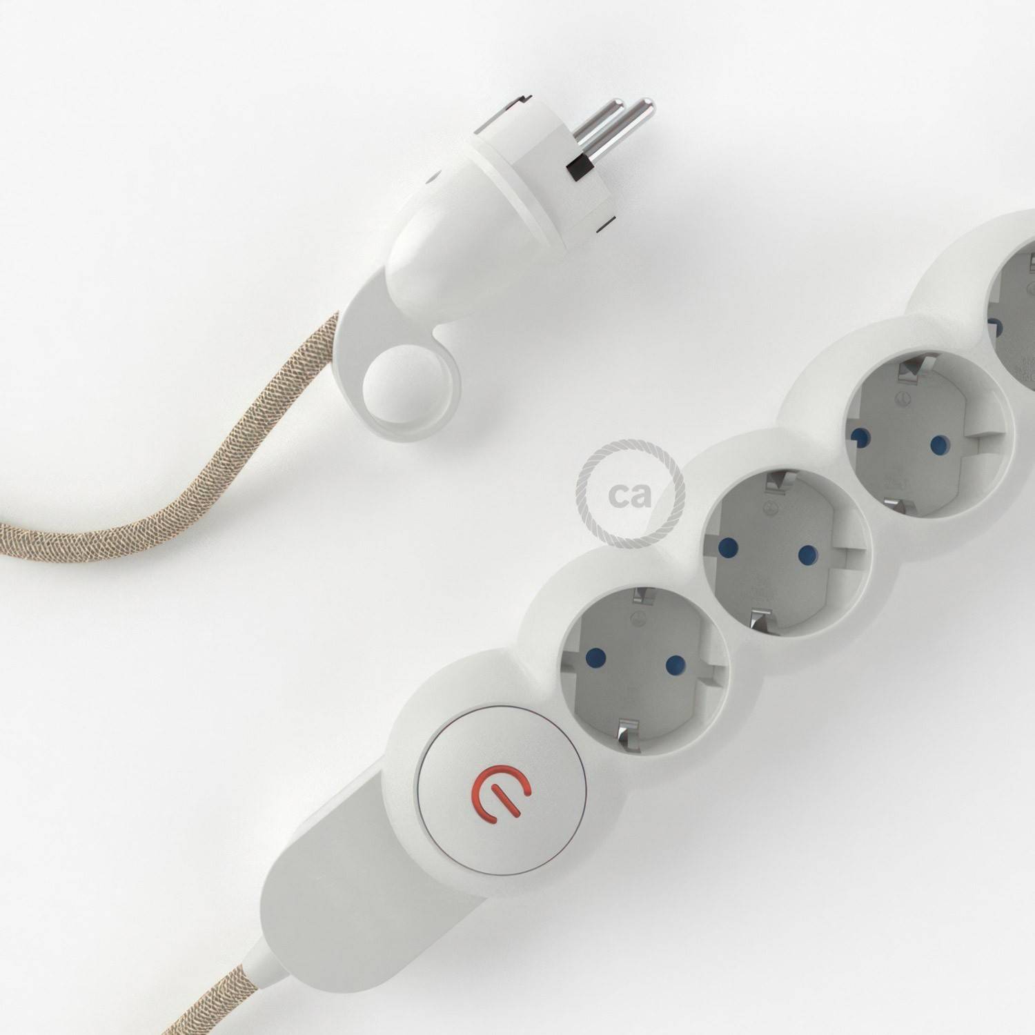 Power Strip with electrical cable covered in Neutral Natural Linen fabric RN01 and Schuko plug with confort ring