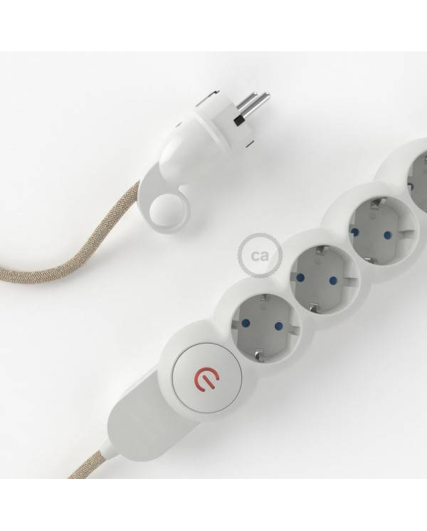 Power Strip with electrical cable covered in Neutral Natural Linen fabric RN01 and Schuko plug with confort ring