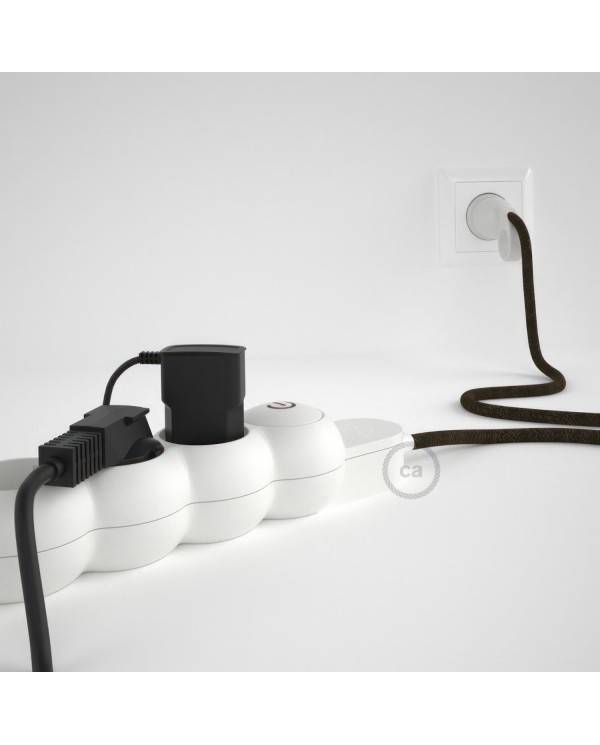 Power Strip with electrical cable covered in Brown Natural Linen fabric RN04 and Schuko plug with confort ring