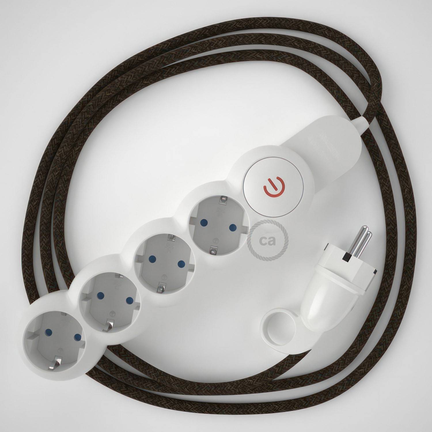 Power Strip with electrical cable covered in Brown Natural Linen fabric RN04 and Schuko plug with confort ring