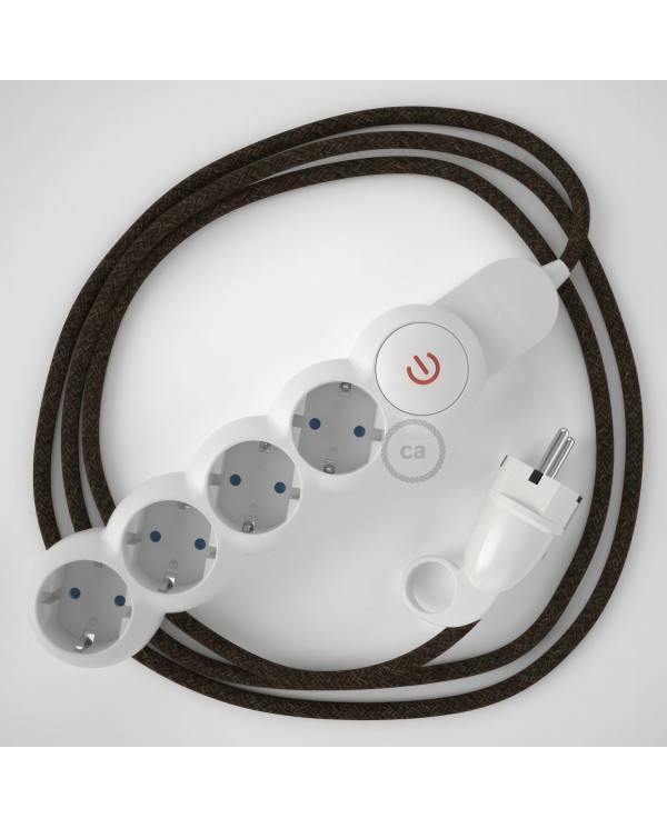 Power Strip with electrical cable covered in Brown Natural Linen fabric RN04 and Schuko plug with confort ring