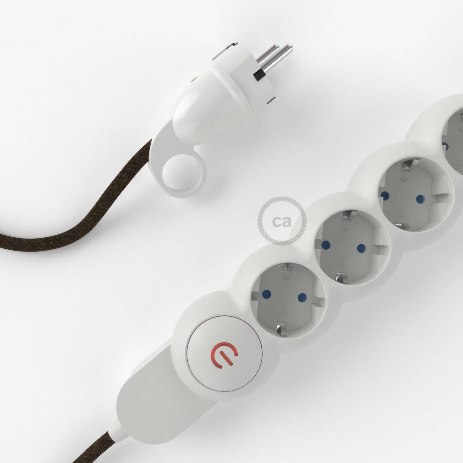 Power Strip with electrical cable covered in Brown Natural Linen fabric RN04 and Schuko plug with confort ring