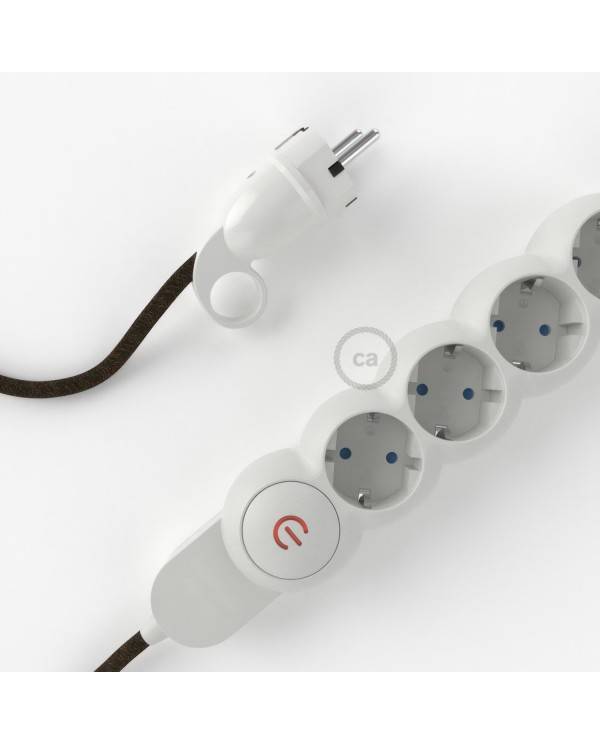 Power Strip with electrical cable covered in Brown Natural Linen fabric RN04 and Schuko plug with confort ring