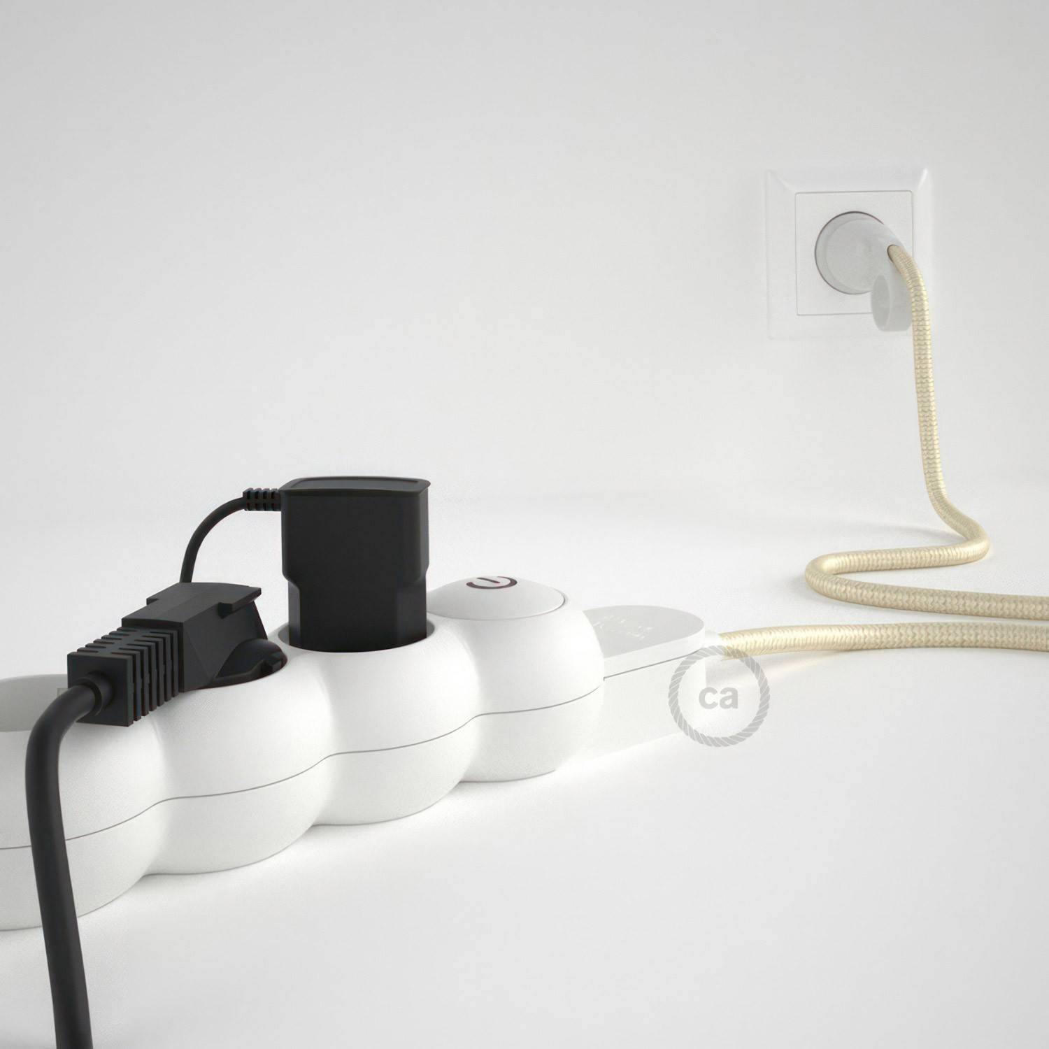 Power Strip with electrical cable covered in rayon Ivory fabric RM00 and Schuko plug with confort ring