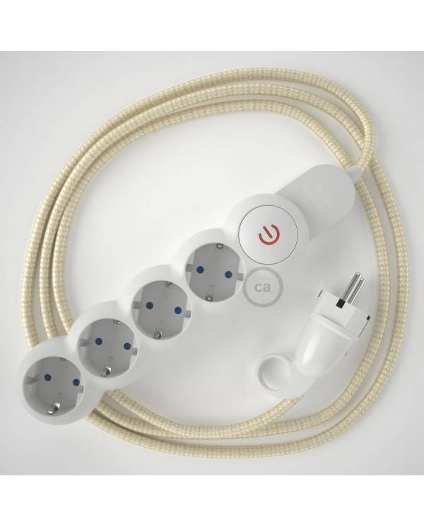 Power Strip with electrical cable covered in rayon Ivory fabric RM00 and Schuko plug with confort ring