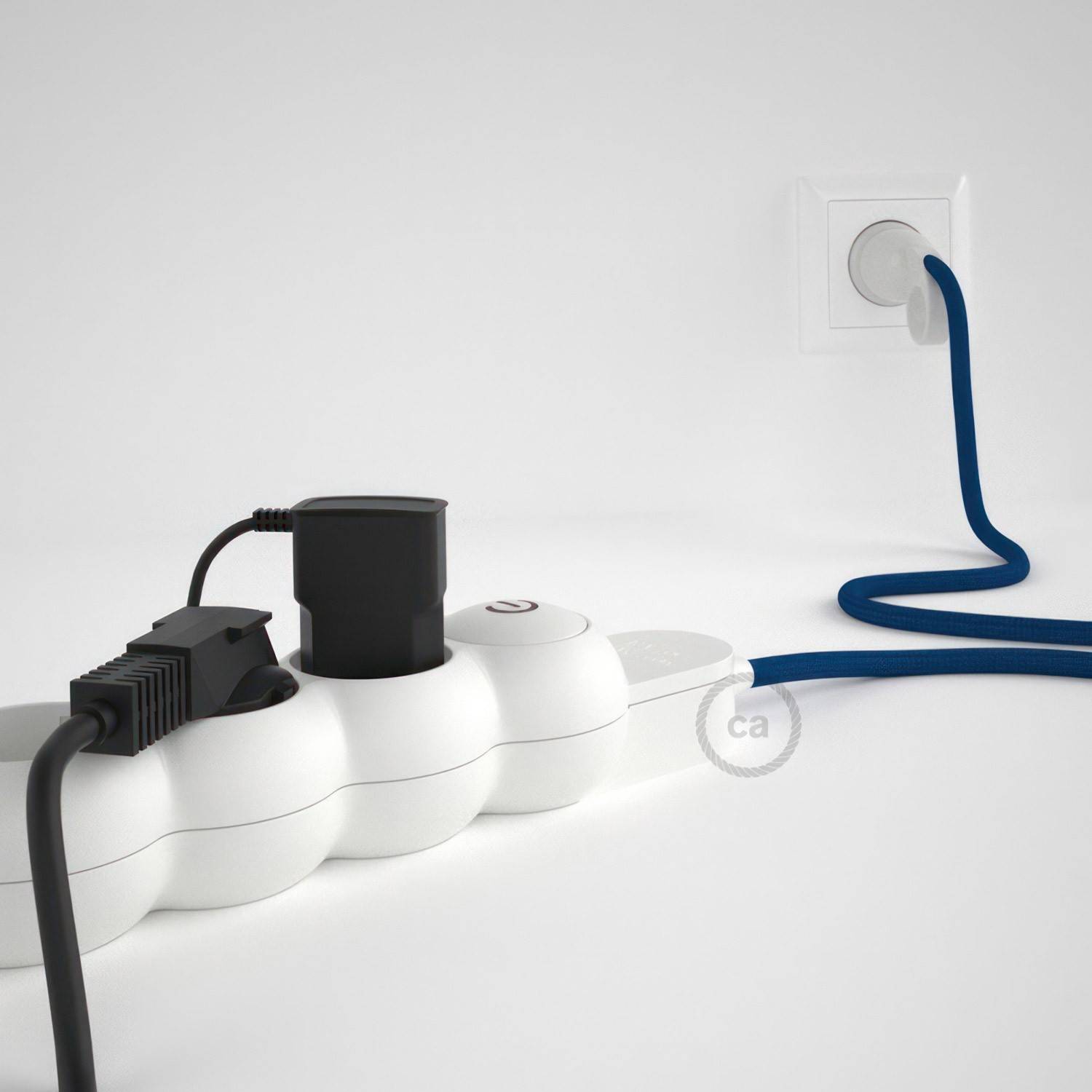 Power Strip with electrical cable covered in rayon Blue fabric RM12 and Schuko plug with confort ring