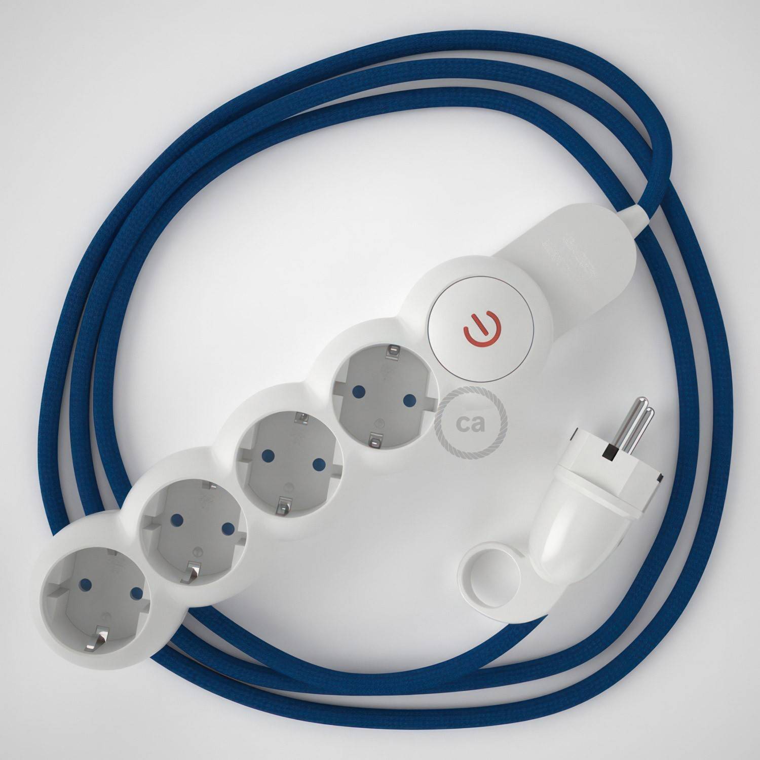 Power Strip with electrical cable covered in rayon Blue fabric RM12 and Schuko plug with confort ring