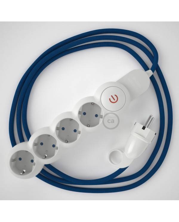 Power Strip with electrical cable covered in rayon Blue fabric RM12 and Schuko plug with confort ring