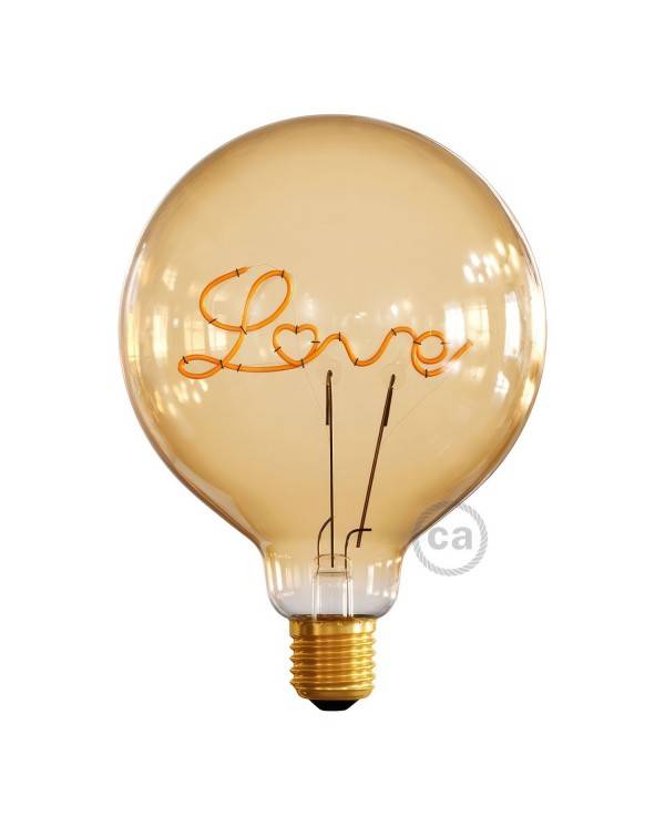 Bec cu LED de culoare auriu pentru lampa verticală - Glob G125 cu filament simplu "Love" - 5W 250Lm E27 2000K reglabil în intens