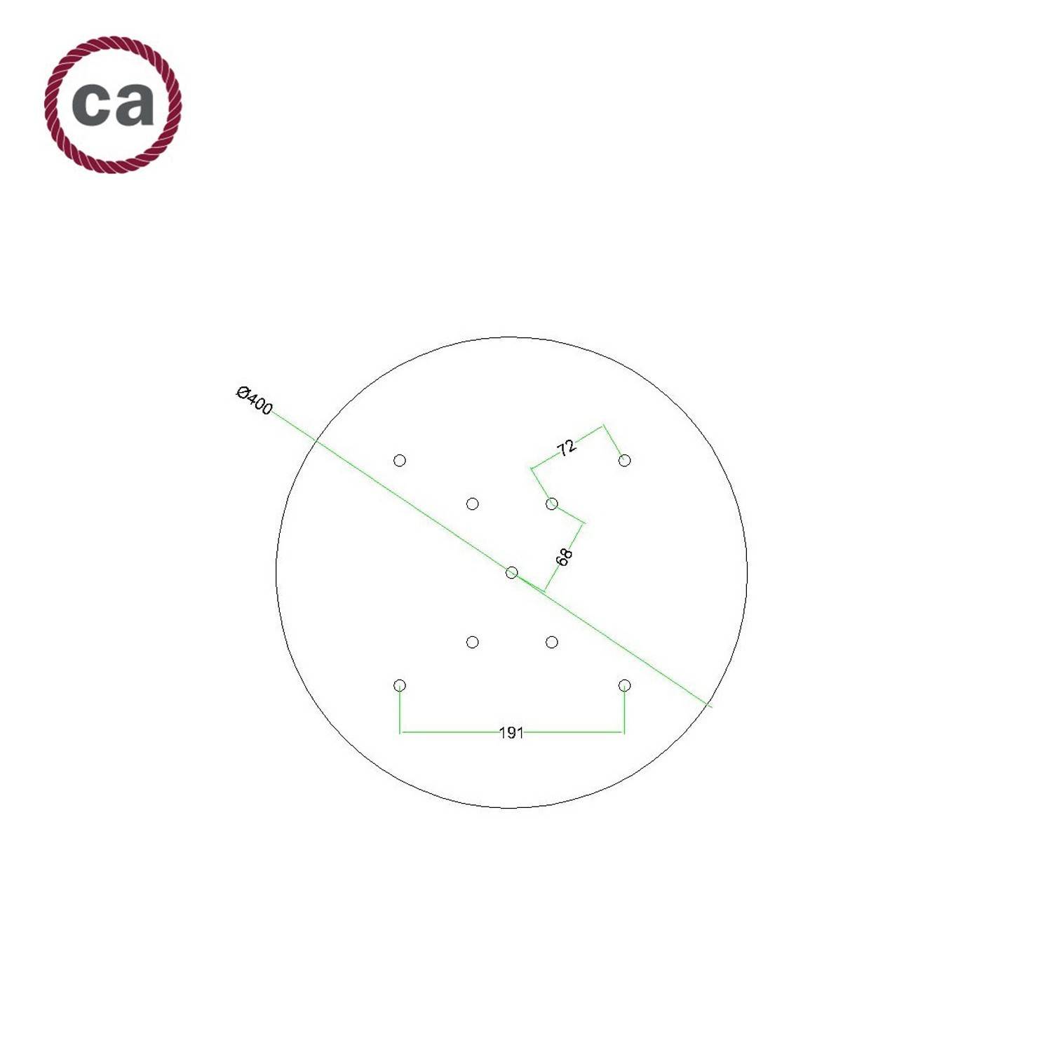 Okrúhla stropná rozeta Rose-One System s priemerom 400mm, 9 otvormi rozmiestnenými v tvare X a 4 bočnými otvormi