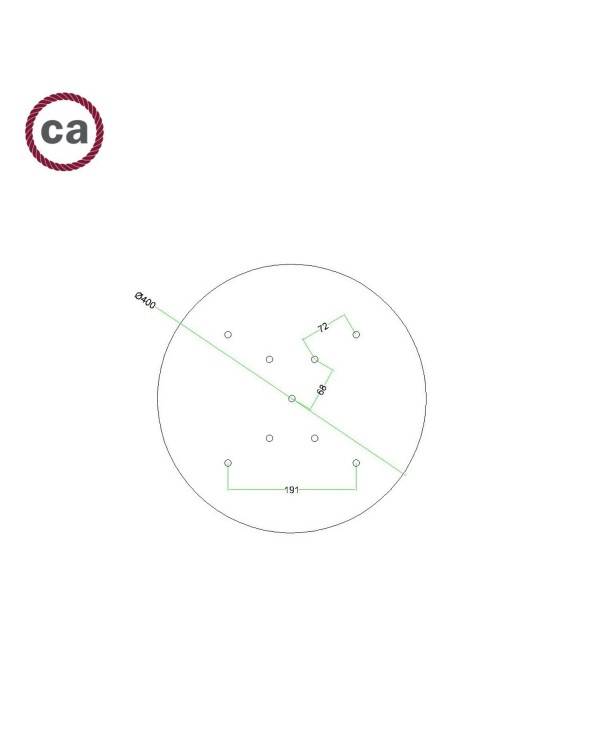 Okrúhla stropná rozeta Rose-One System s priemerom 400mm, 9 otvormi rozmiestnenými v tvare X a 4 bočnými otvormi