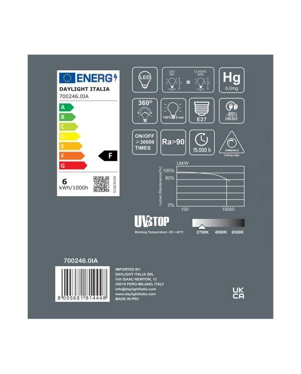 Bombilla LED Porcelana Delo 6W 580Lm E27 2700K Regulable