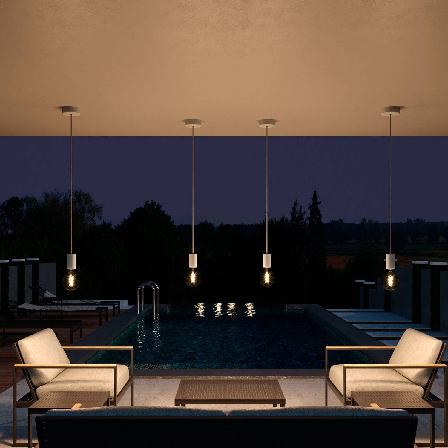 EIVA ELEGANT Suspensão exterior com cabo têxtil, rosácea de teto em silicone e casquilho IP65 impermeável