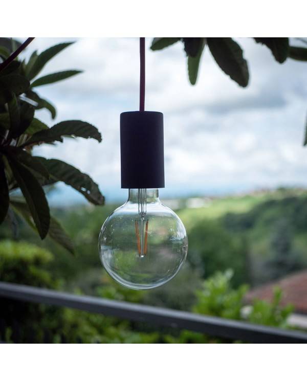 Lampă suspendată de exterior EIVA ELEGANT cu cablu textil de 1,5 metri, rozetă de tavan din silicon și suport de lampă rezistent