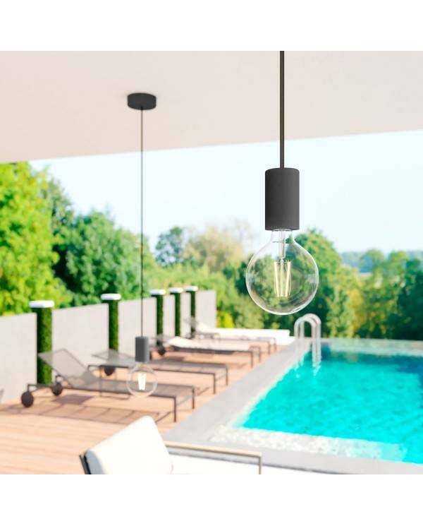 EIVA ELEGANT Suspensão exterior com cabo têxtil, rosácea de teto em silicone e casquilho IP65 impermeável